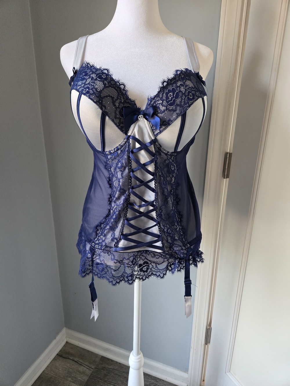Lace-Up Navy Bustier Chemise with Satin Ribbon Accents
